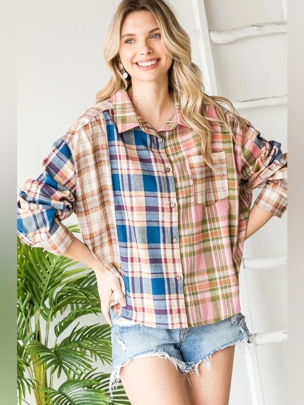 NEW Oli & Hali Multicolor Plaid Flannel Crop Button Up Shirt Size M